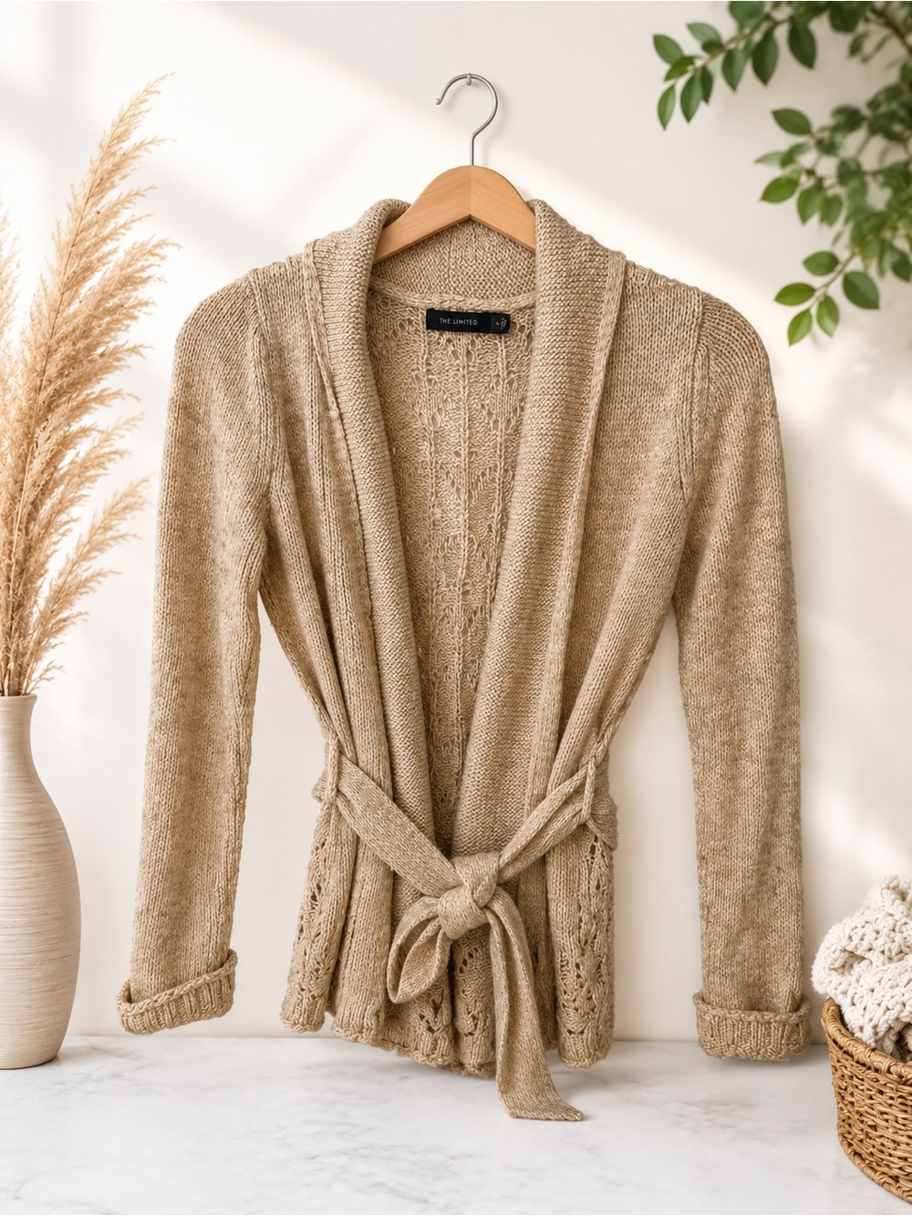 The Limited Tan Belted Open-Front Cable Knit Cardigan